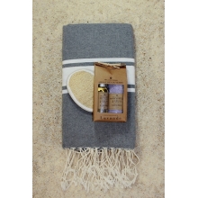 Coffret cadeau SPA "La discrete" Fouta plate gris 1x2m+ kit argan lavande+éponge loofah