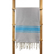 Fouta nid d'abeille Costa gris clair rayures turquoise 