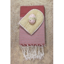 Coffret cadeau gommage "La douce" Fouta rouge rubi rayures lurex 1x2m+ savon gommage rose 100gr+gant loofah