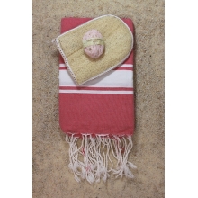 Coffret cadeau gommage "Le fleuri" Fouta rose fushia 1x2m+ savon gommage rose 100gr+gant loofah