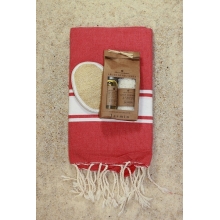 Coffret cadeau SPA "L'amoureuse" Fouta plate rouge 1x2m+ kit argan jasmin+éponge loofah