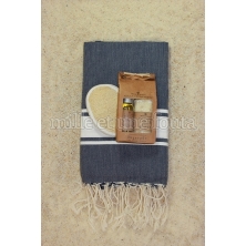 Coffret cadeau SPA "L'Homme Parfait" Fouta plate bleu infini 1x2m+ kit argan bigarade+éponge loofah