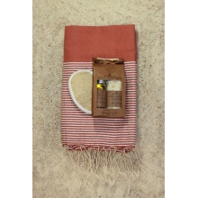 Coffret cadeau SPA "La délicate " Fouta Terracotta ray. lurex 1x2m+ kit argan bigarade+éponge loofah