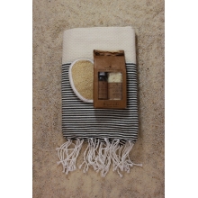 Coffret cadeau SPA "Le Raffiné" Fouta nid abeille écru/noir 1x2m+ kit argan bigarade+éponge loofah