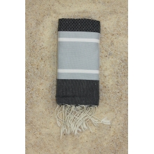 Fouta nid d'abeille Modèle Eva 70x140cm Fond noir, rayures gris bleuté et blanc