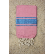 Fouta plate authentique rose bonbon rayures lurex bleu piscine (1x2m)