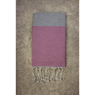 Fouta nid d'abeille gris clair rayures rose fushia (1x2m)