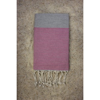 Fouta nid d'abeille gris clair rayures rose fushia (1x2m)