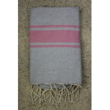 Fouta nid d'abeille modèle costa (1x2m ) fond gris clair, rayures rose bonbon