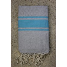 Fouta nid d'abeille modèle costa (1x2m) fond gris clair, rayures bleu turquoise