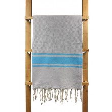 Fouta nid d'abeille Costa fond gris clair, rayures bleu turquoise