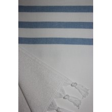 Fouta éponge blanche rayures bleues ciel 1x1,80m