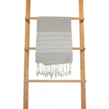 Fouta nid d'abeille Carla 70x140cm Fond gris grège, rayures blanches et noir