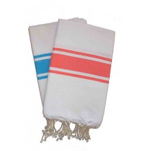 Duo de foutas plates bicolore blanche, corail et turquoise - Exclisivité 1001 fouta