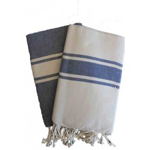 Fouta plate bicolore Bleu jean et beige 1x2m EXCLUSIVITE 1001 FOUTA