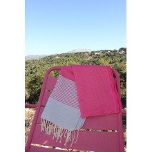 Fouta nid d'abeille grie rayure fushia